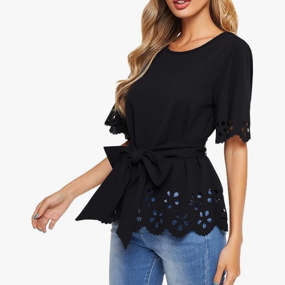 Tops - Black Laser Cut Tie Waist Peplum Blouse XXL Bohemian Feminine Romantic